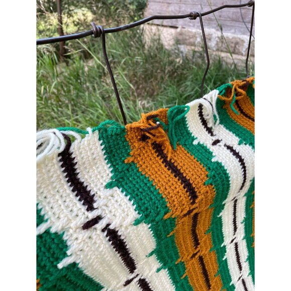 Vintage 1970s Crochet Afghan Blanket Green Brown & Cream Stripes  74x59 - Picture 4 of 14